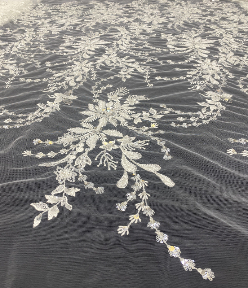 White-Core Bead & 3/7 mm Sequin Embroidered Fabric — fabric photo 2