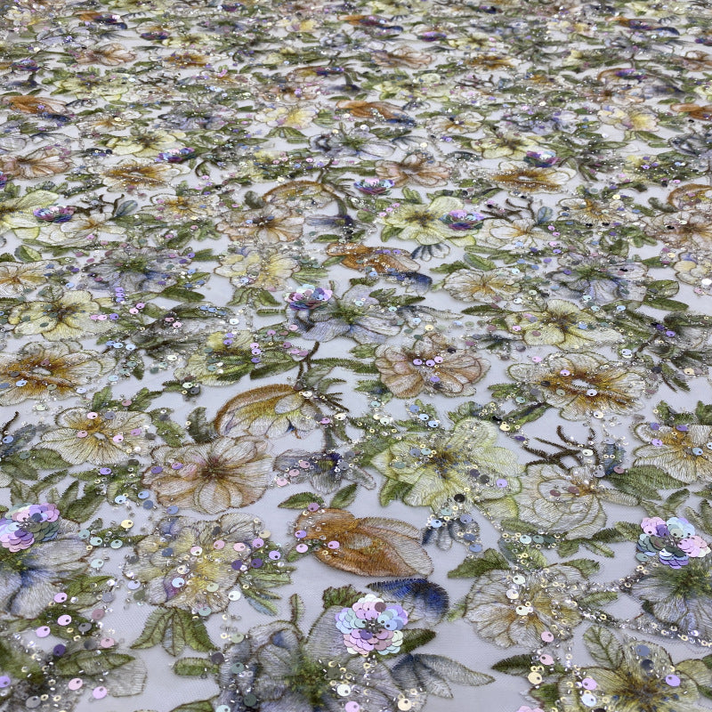 Printed Rose Bead Sequin Embroidery Fabric — fabric photo 3