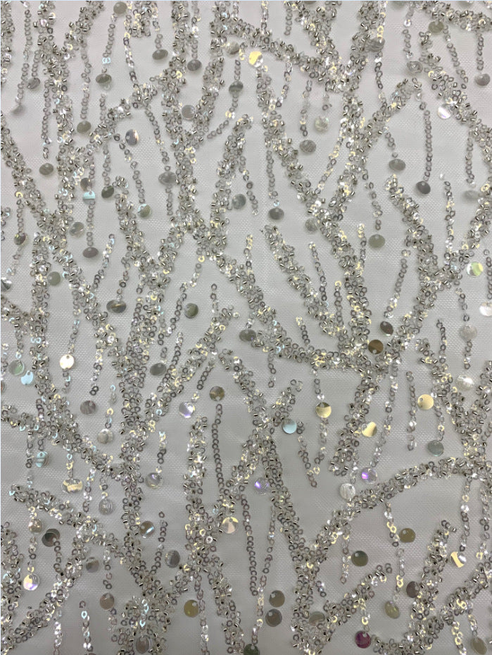 Fine 3/7 mm Crystal-Look Sequin & Silver-Bead Embroidered Bridal Fabric — fabric photo 3