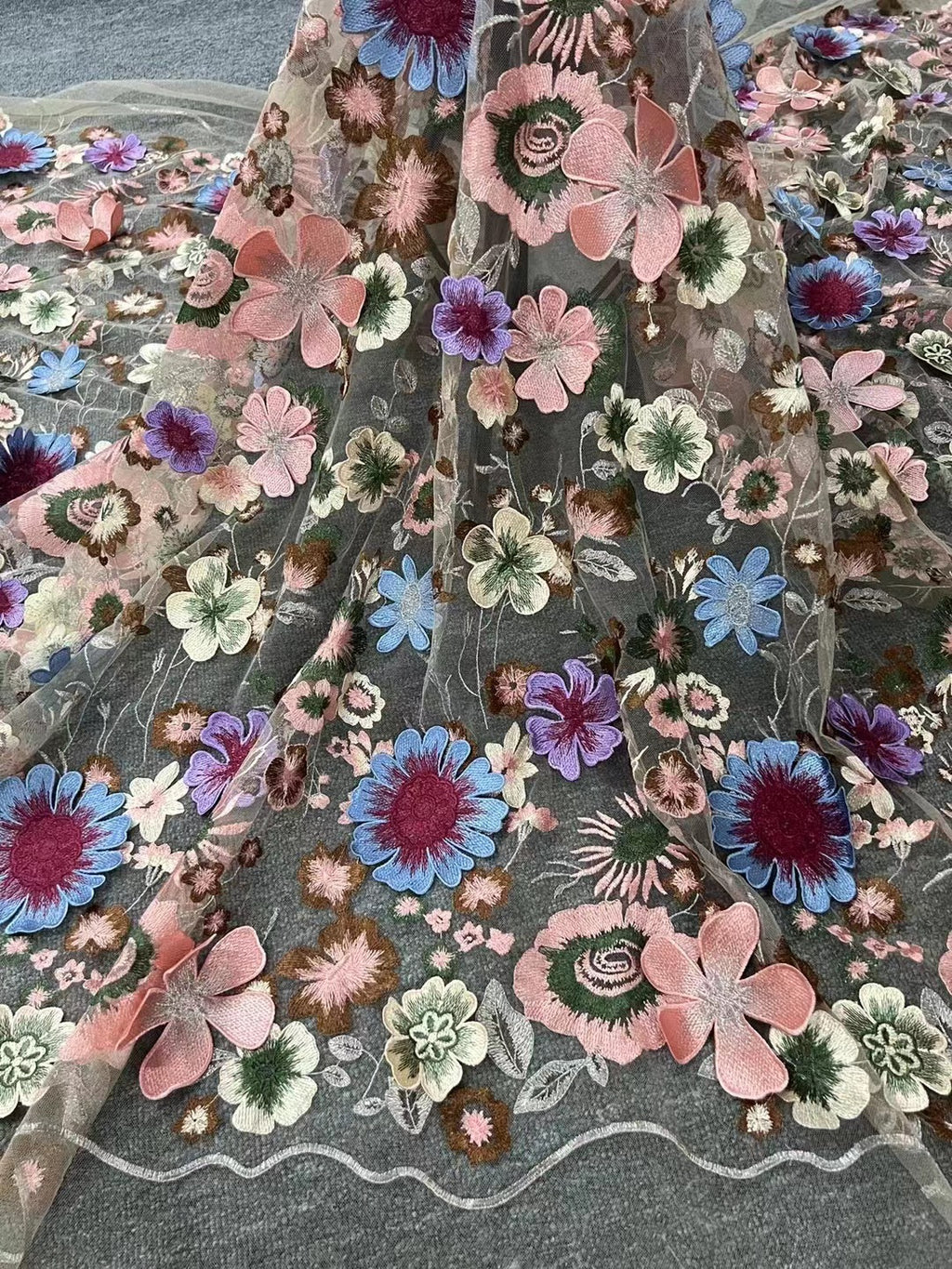 Multicolor 3D Floral Applique Embroidered Fabric — fabric photo 2