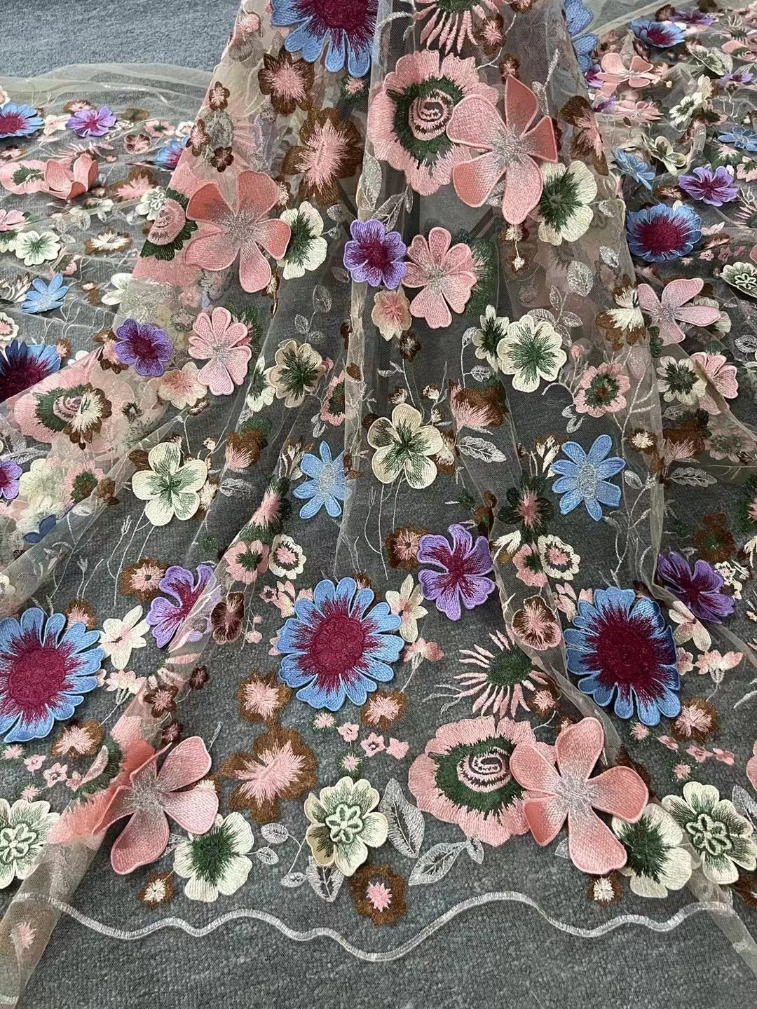 Multicolor 3D Floral Applique Embroidered Fabric — fabric photo 2