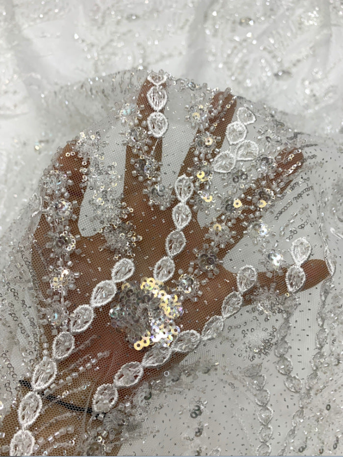 2/4 mm Crystal-Look Sequin & Double-Bead Embroidered Bridal Fabric – Design 19455 — fabric photo 2