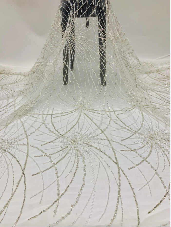 Heavy 3 mm Sequin & Bugle-Bead Embroidered Bridal Fabric — fabric photo 6