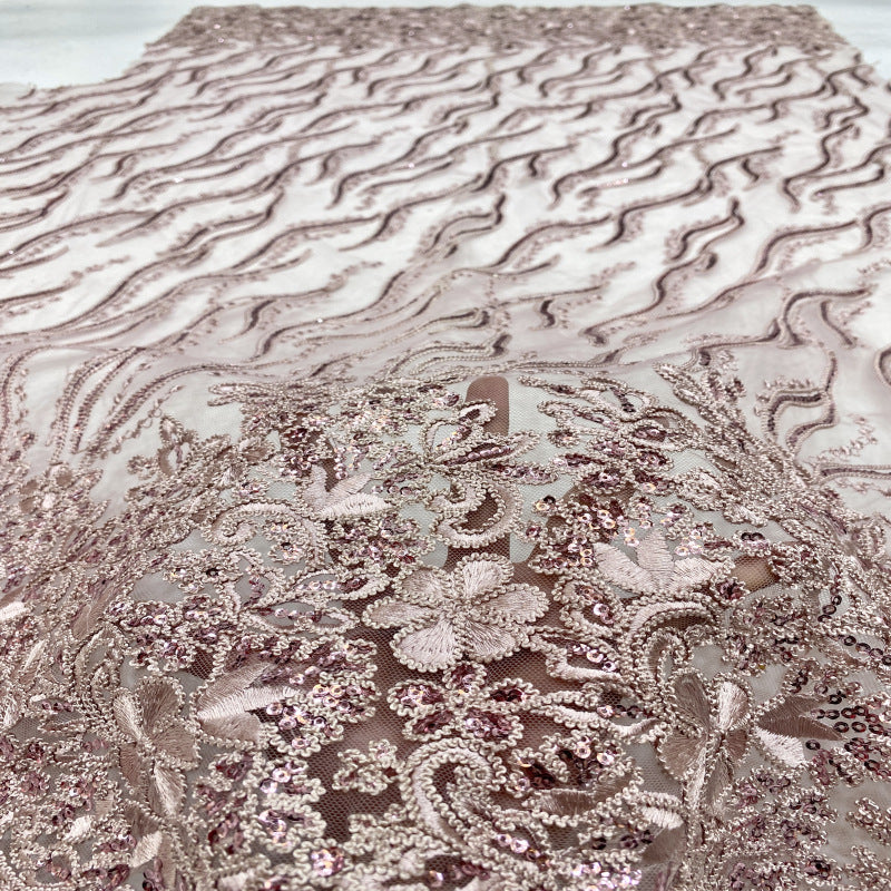 Symmetrical Sequin & Cordwork Embroidered Bridal Fabric — fabric photo 2