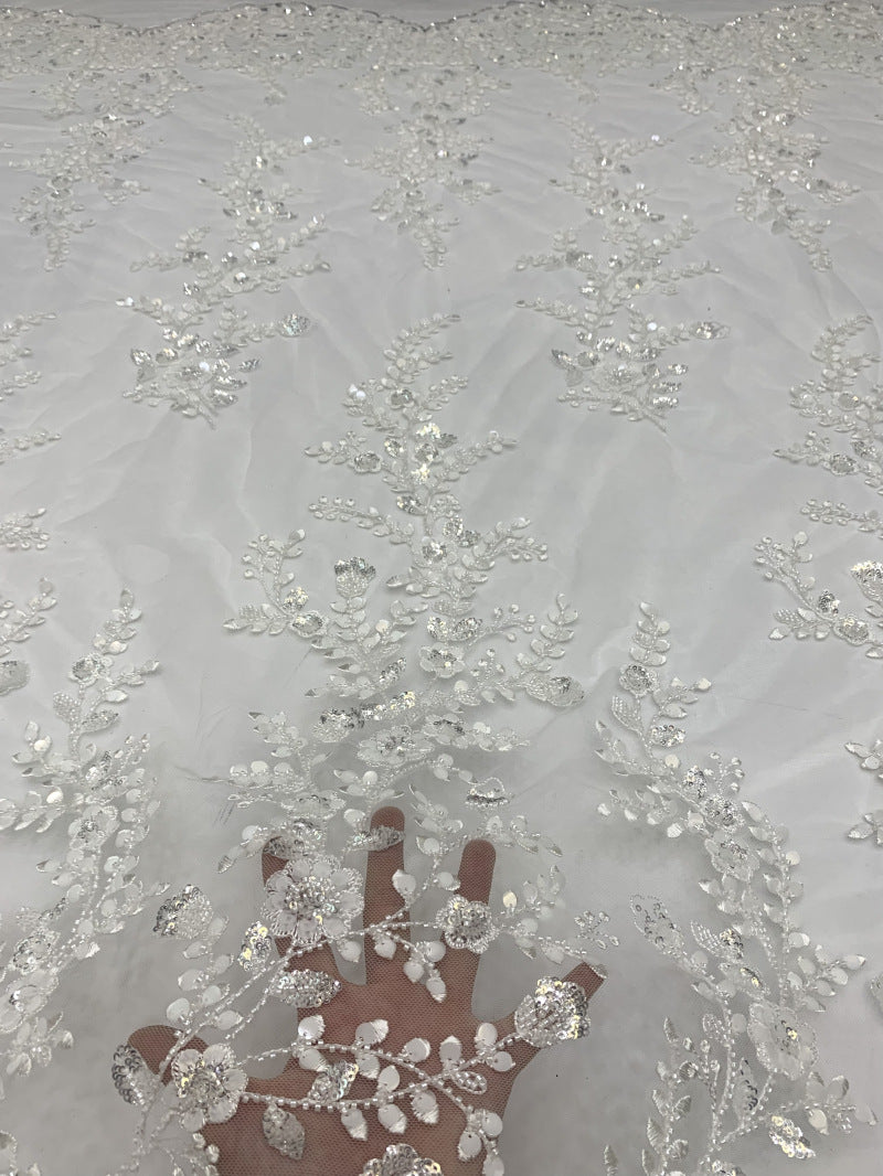 Symmetrical Botanical Bead Sequin Embroidery Fabric — fabric photo 4