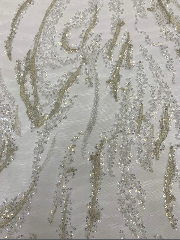 3 mm Crystal-Look Sequin & White-Core Bead Embroidered Bridal Fabric — fabric photo 2