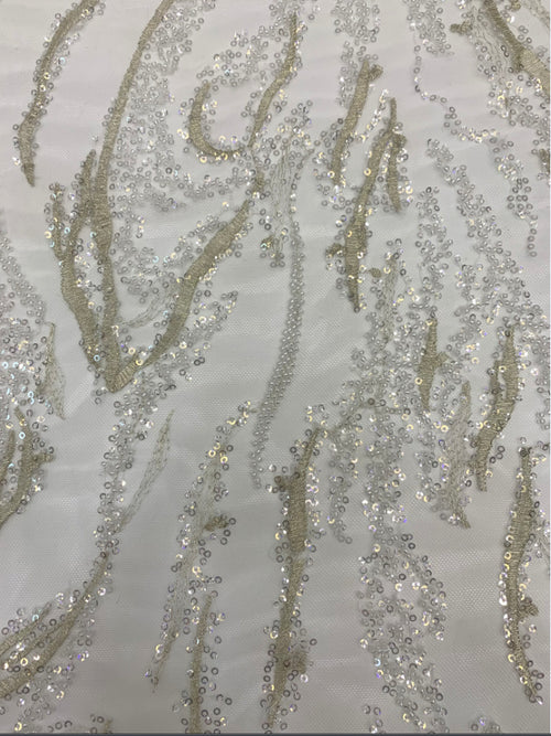 3 mm Crystal-Look Sequin & White-Core Bead Embroidered Bridal Fabric — fabric photo 2