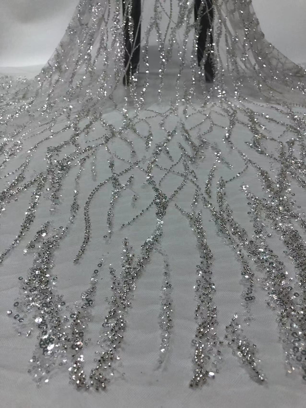 Abstract Silver Bead and 2/4 mm Crystal Sequin Fabric — fabric photo 6