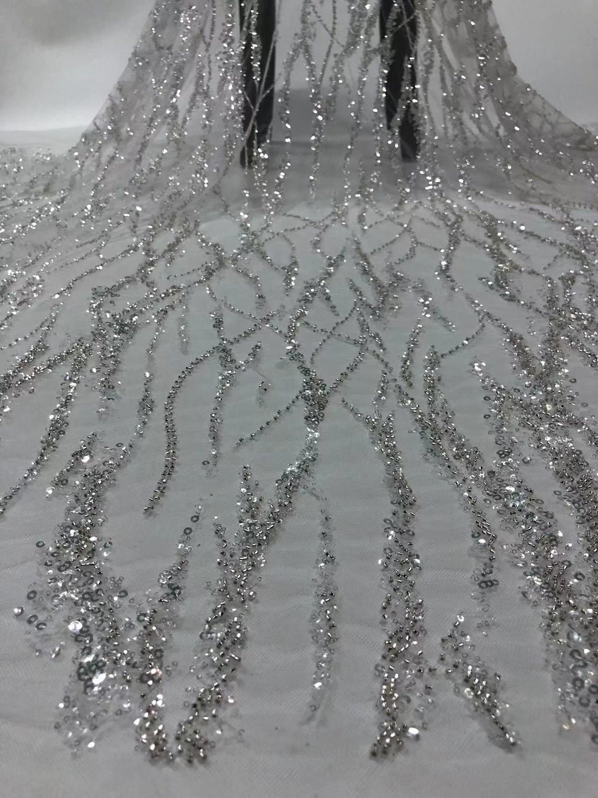 Abstract Silver Bead and 2/4 mm Crystal Sequin Fabric — fabric photo 6