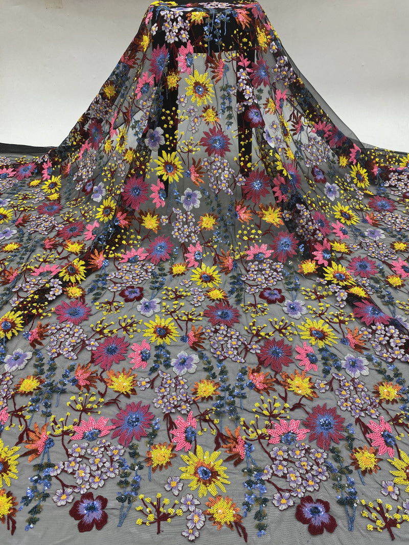 Multicolor Thread and Sequin Flat Embroidery Fabric — fabric photo 3