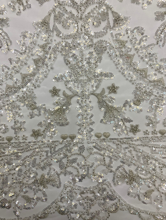 3 mm Crystal-Look Sequin & Silver-Bead Embroidered Bridal Fabric — fabric photo 3