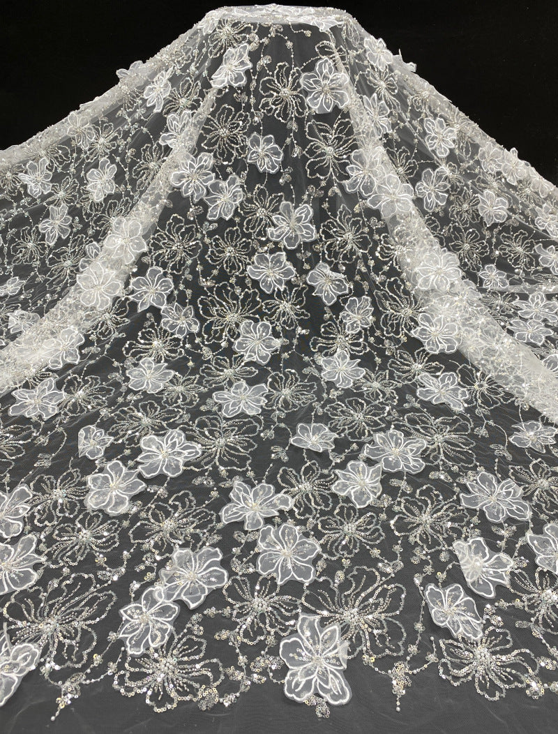 Laser Floral Applique Bead & Sequin Embroidered Fabric — fabric photo 6