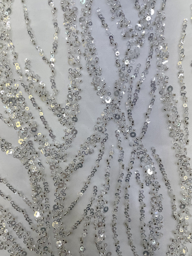 Willow Leaf Silver Bead & Crystal Sequin Fabric — fabric photo 5