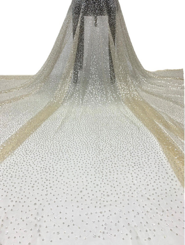 2/4 mm Crystal-Look Sequin & Silver-Bead Embroidered Tulle Mesh Fabric