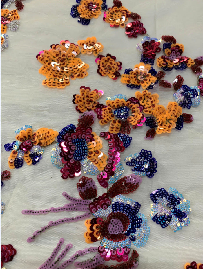 Fine Small Floral Sequin Embroidered Bridal Fabric — fabric photo 3