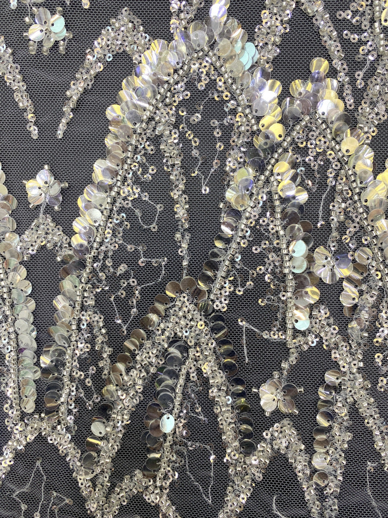 Silver Bead & 3/7mm Crystal Sequin Dress Fabric — fabric photo 3