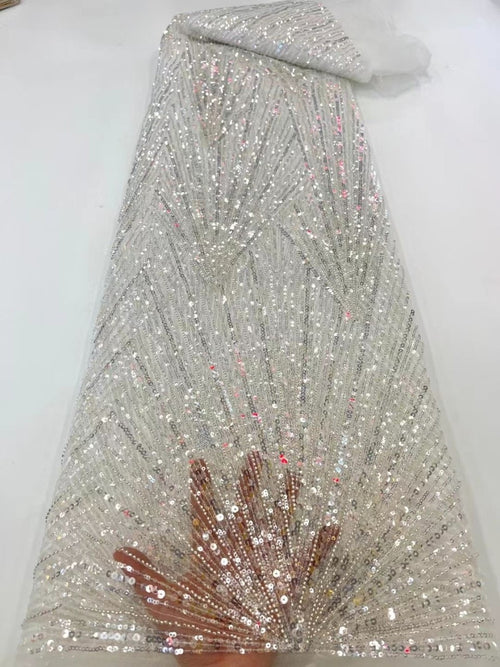 3D 3/5 mm Crystal-Look Sequin & Silver-Bead Embroidered Bridal Fabric – Design 16543