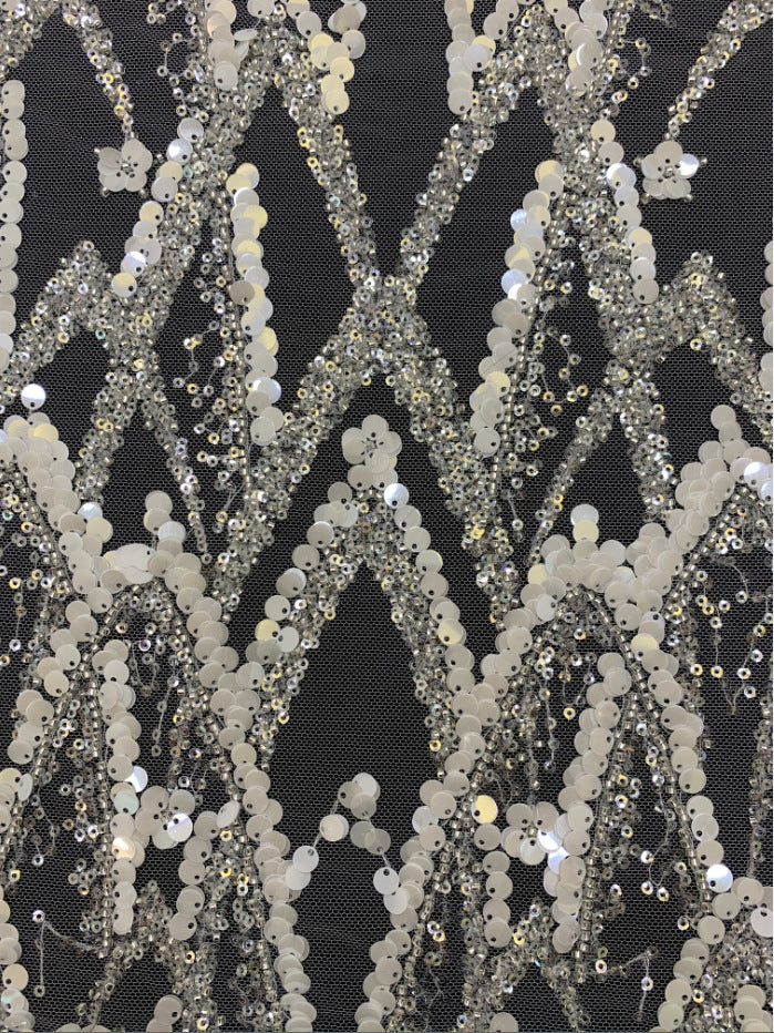 3/7 mm Sequin & Silver-Bead Embroidered Bridal Fabric – Design 18911 — fabric photo 4
