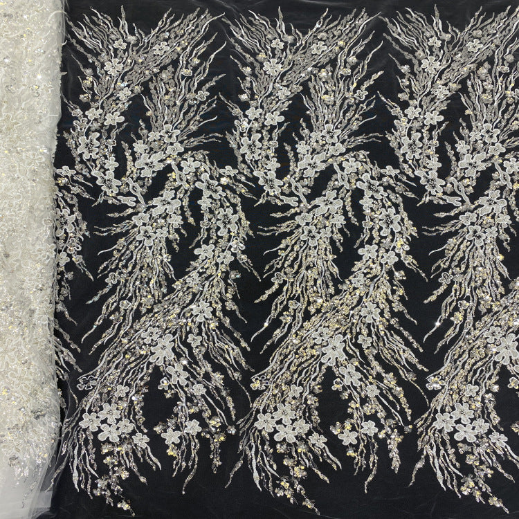 3/7 mm Crystal-Look Sequin & Silver-Bead Embroidered Bridal Fabric – Design 47551 — fabric photo 4