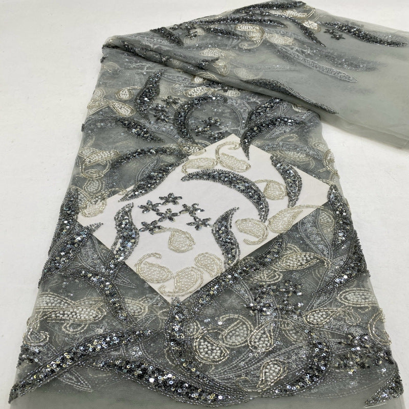 Heavy Paisley Sequin & Bugle-Bead Embroidered Bridal Fabric — fabric photo 2