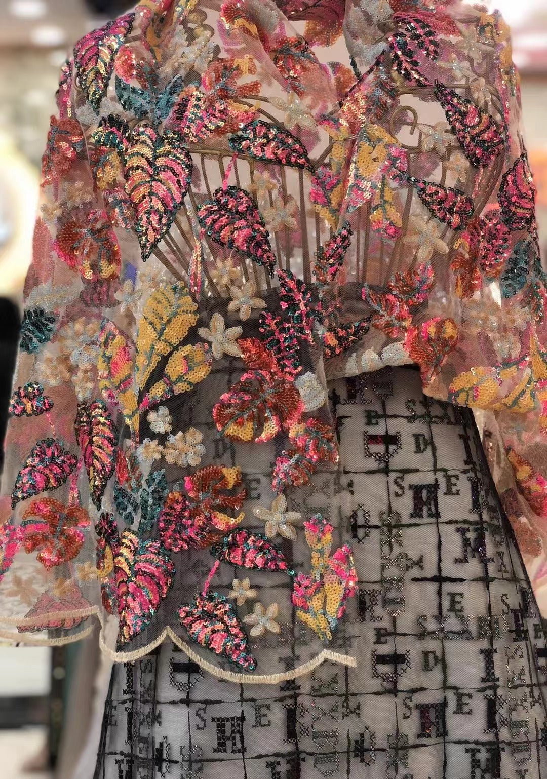 Multicolor Leaf Sequin Embroidery Fabric — fabric photo 5