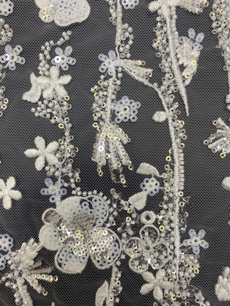 White-Core Bead & 3/4mm Sequin Bridal Fabric — fabric photo 3