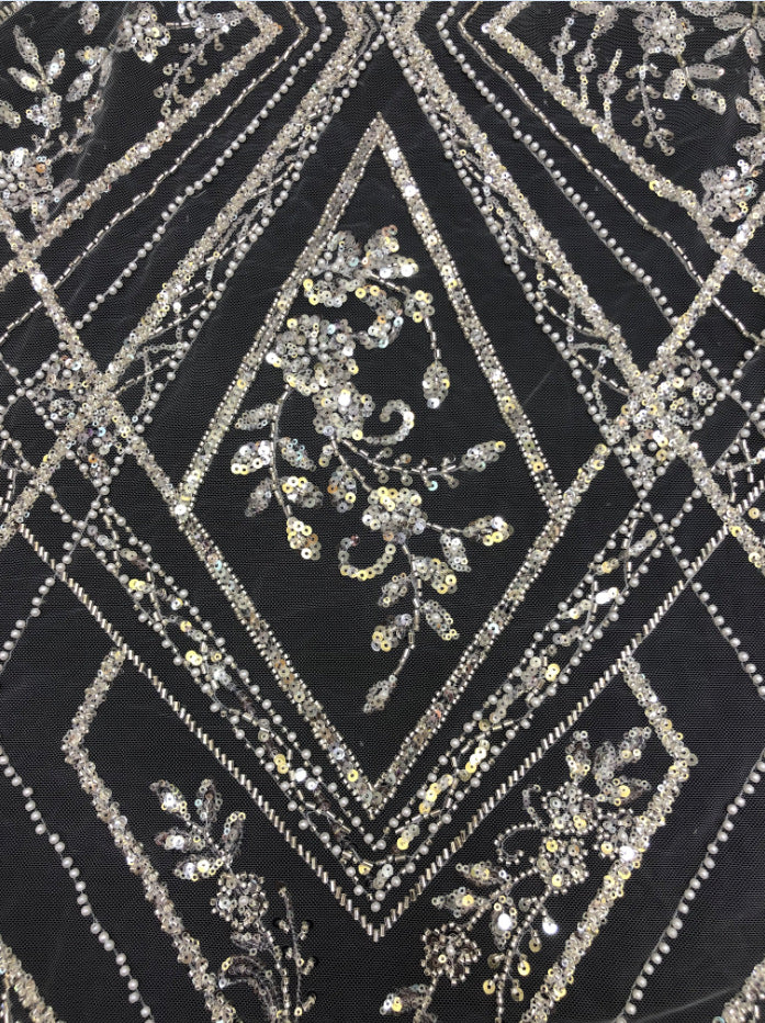 Heavy 3/5 mm Crystal-Look Sequin & Triple-Bead Embroidered Bridal Fabric – Design 99583 — fabric photo 5