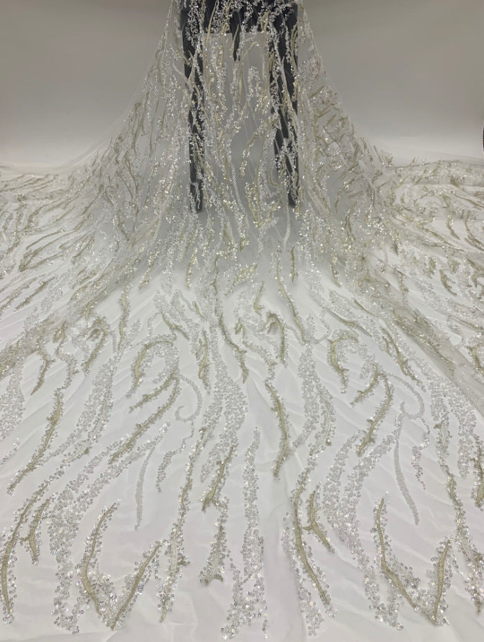 3 mm Crystal-Look Sequin & White-Core Bead Embroidered Bridal Fabric — fabric photo 6