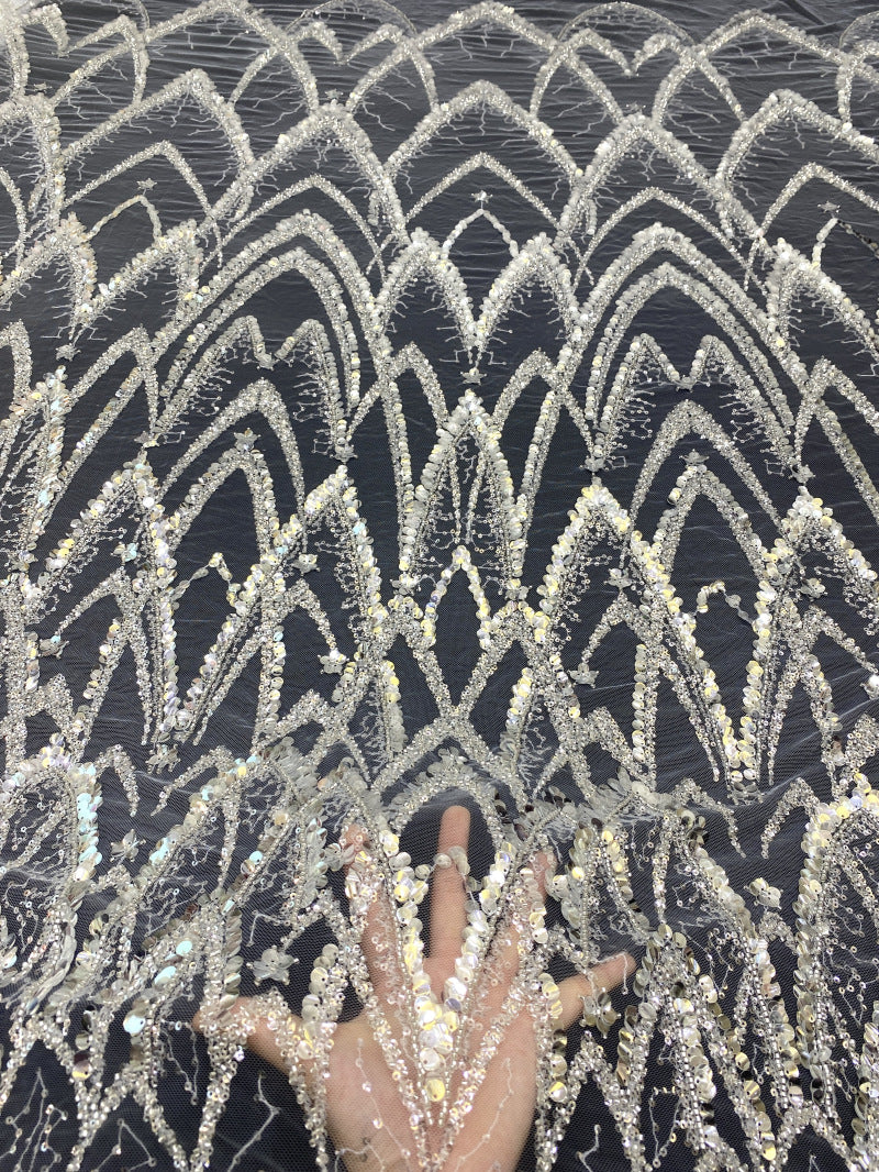 Silver Bead & 3/7mm Crystal Sequin Dress Fabric — fabric photo 2