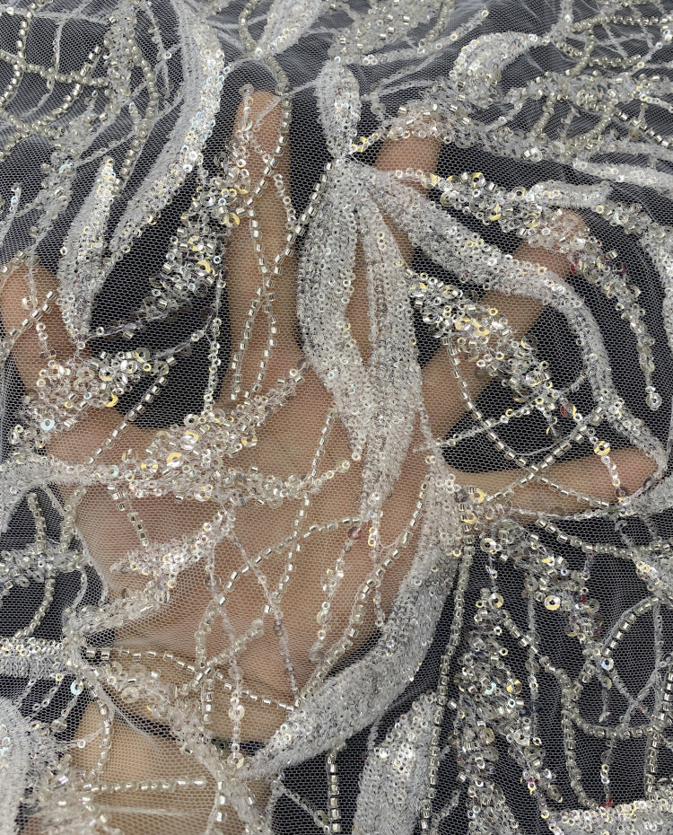 Silver Bead & Ivory 2/4 mm Sequin Embroidered Fabric — fabric photo 3
