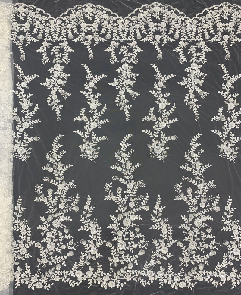 Symmetrical Botanical Bead Sequin Embroidery Fabric — fabric photo 6