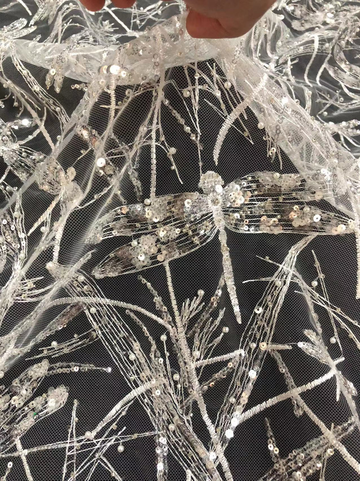 Dragonfly Raised-Bead and 3/5 mm Crystal Sequin Fabric — fabric photo 3
