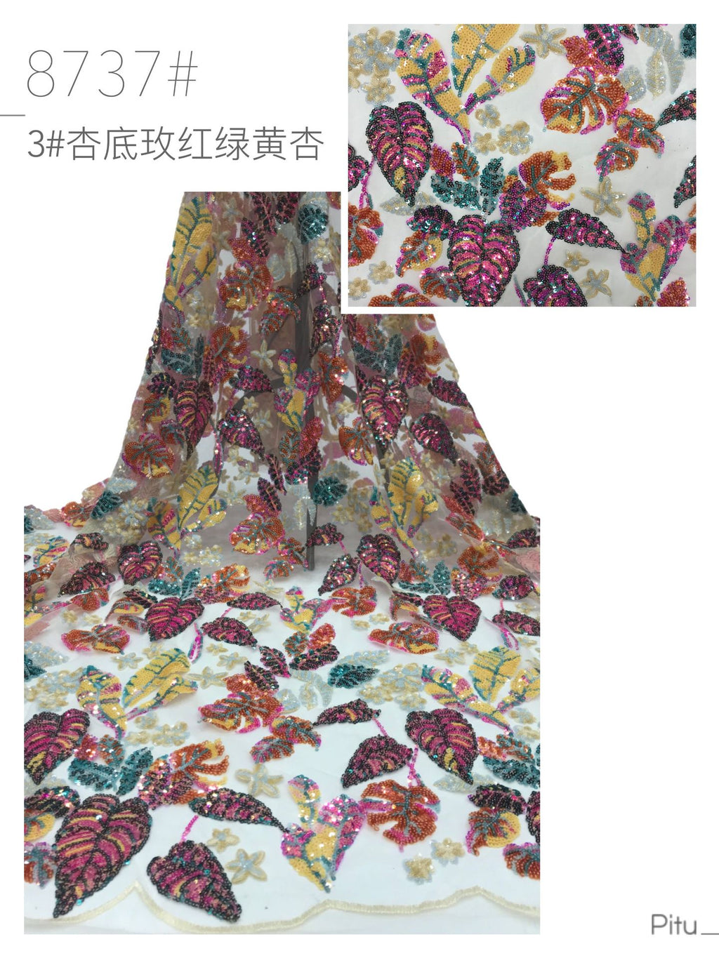 Multicolor Leaf Sequin Embroidery Fabric — fabric photo 3