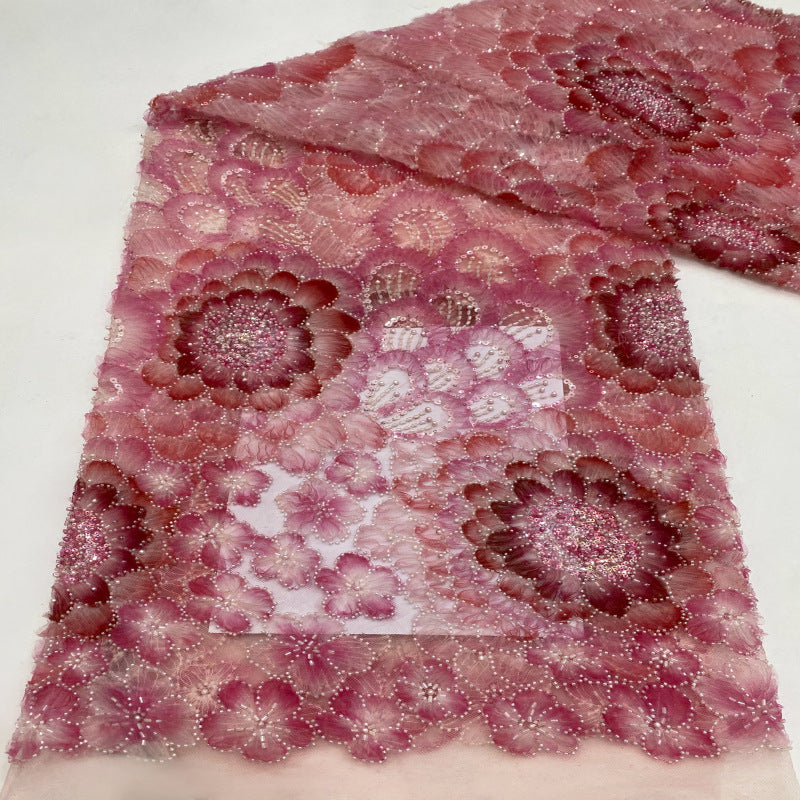 Printed Ribbon Bugle Bead Sequin Embroidery Fabric — fabric photo 2