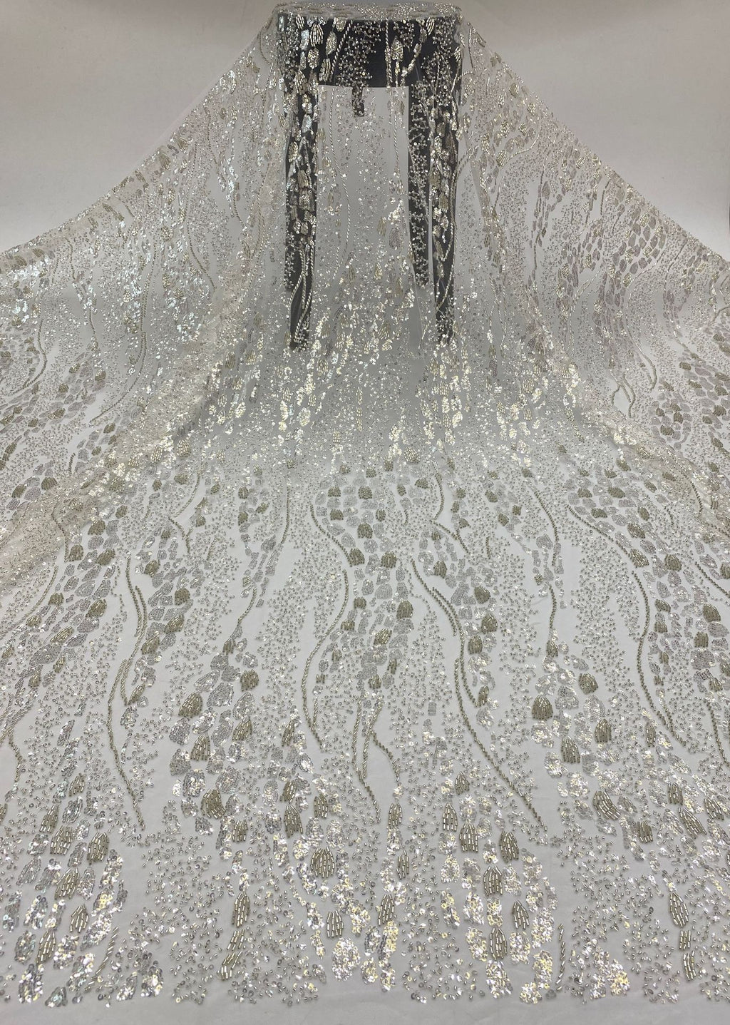 Heavy 3/4 mm Sequin & Bugle-Bead Embroidered Bridal Fabric – Design 43935