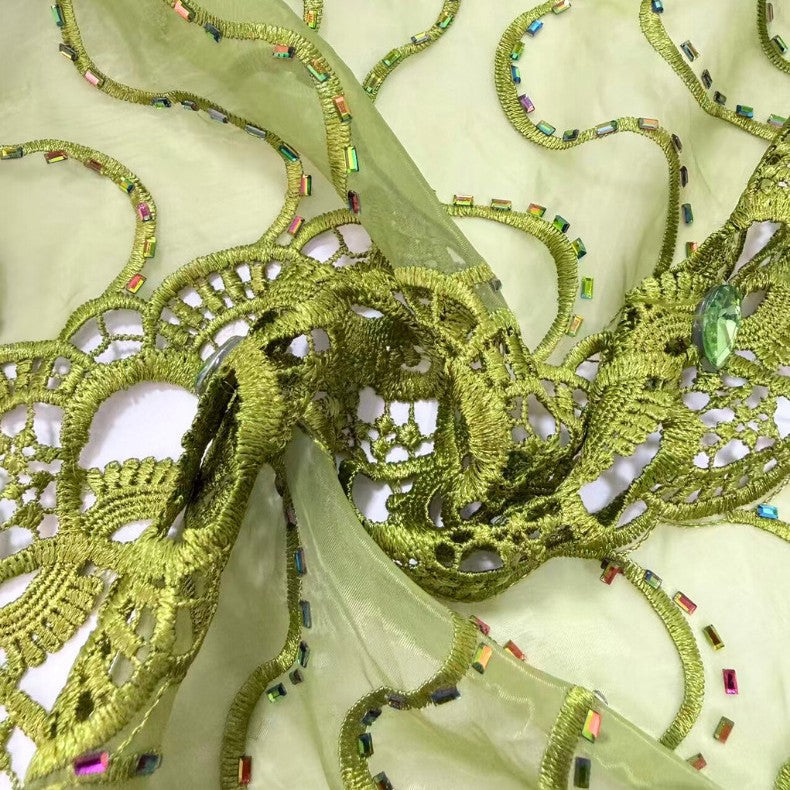 Solid-Color Rhinestone Cutwork Chiffon Lace Fabric – Per Yard — fabric photo 2