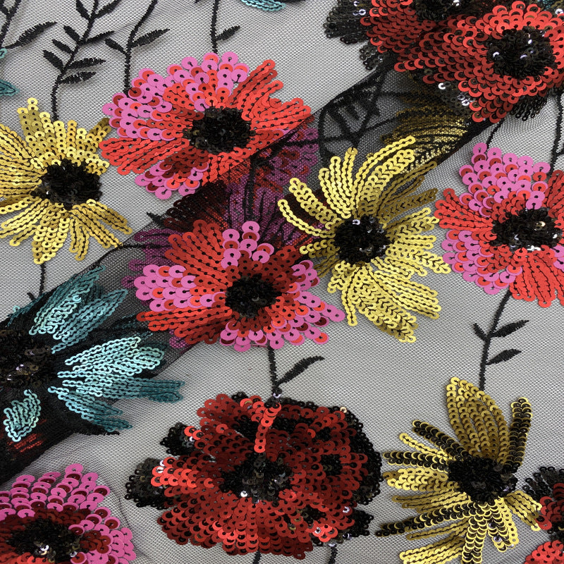Multicolor Botanical Layered Sequin Embroidered Tulle Mesh Fabric — fabric photo 4
