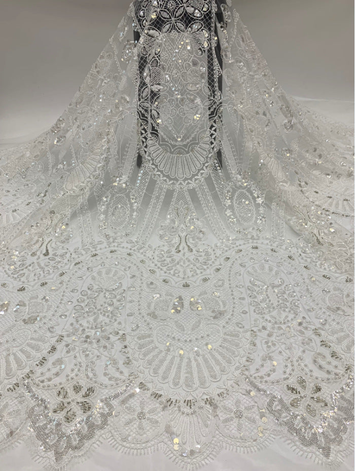 Fine 3/7 mm Sequin & Triple-Bead Embroidered Bridal Fabric — fabric photo 3