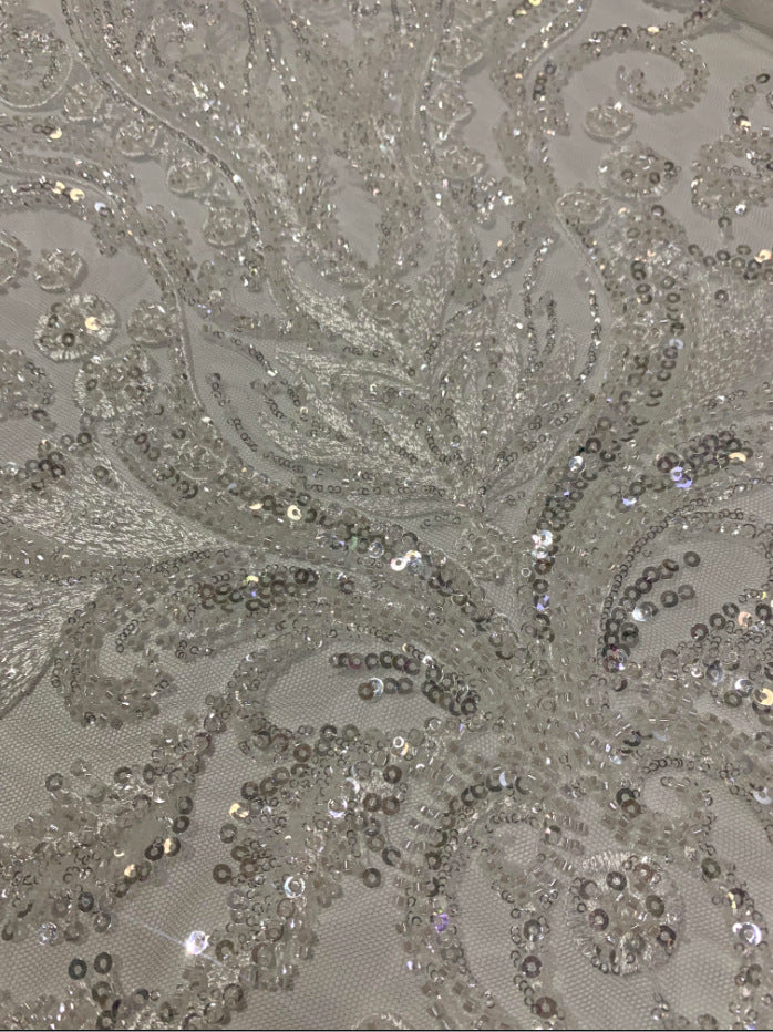 2/4 mm Crystal-Look Sequin & Double-Bead Embroidered Bridal Fabric – Design 94623 — fabric photo 6