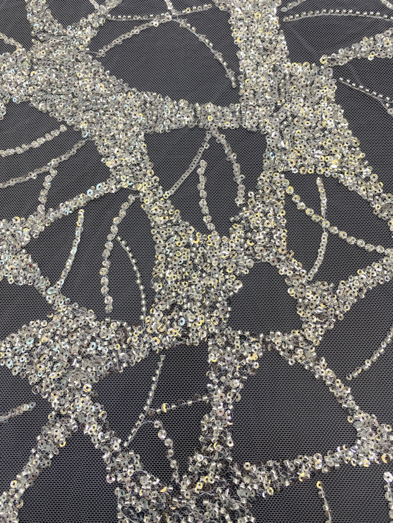 3/4 mm Crystal-Look Sequin & Silver-Bead Embroidered Bridal Fabric – Design 64831 — fabric photo 5