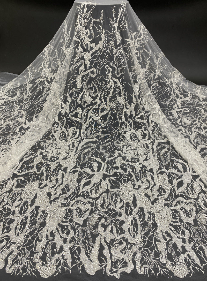 White-Core & Foam Bead Sequin Bridal Fabric