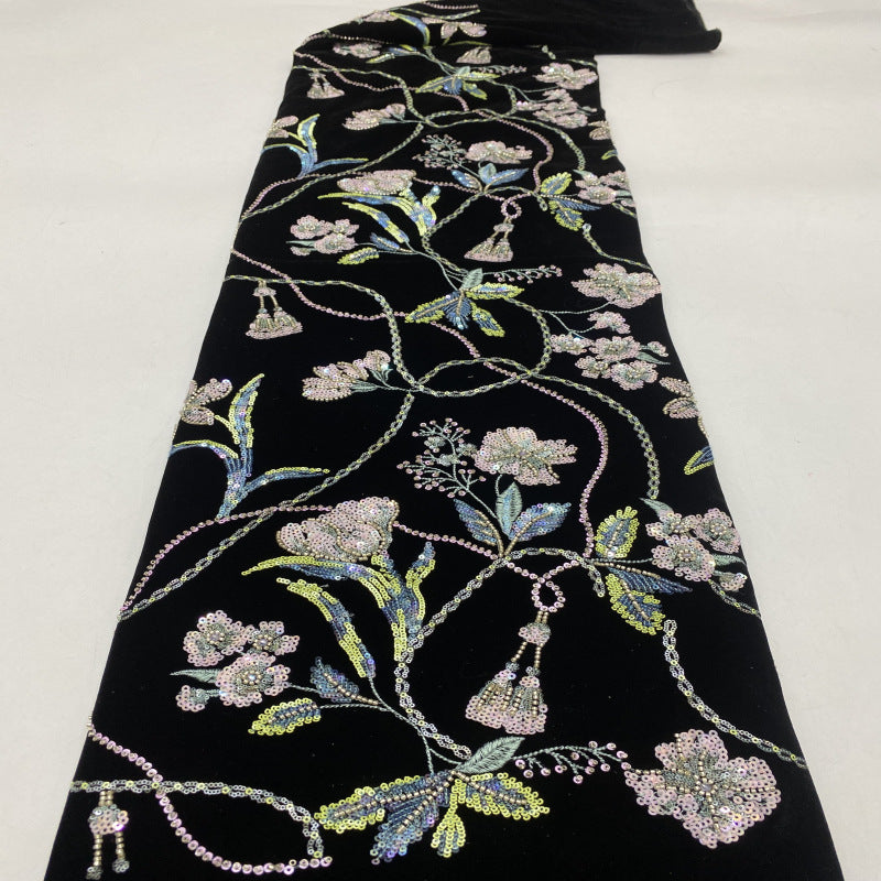 Velvet Embroidered Fabric with Beads and Sequins