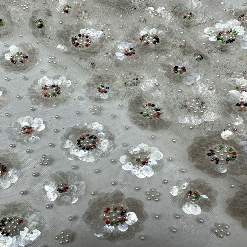 Small Floral Double Bead 7/9mm Sequin Bridal Fabric — fabric photo 2