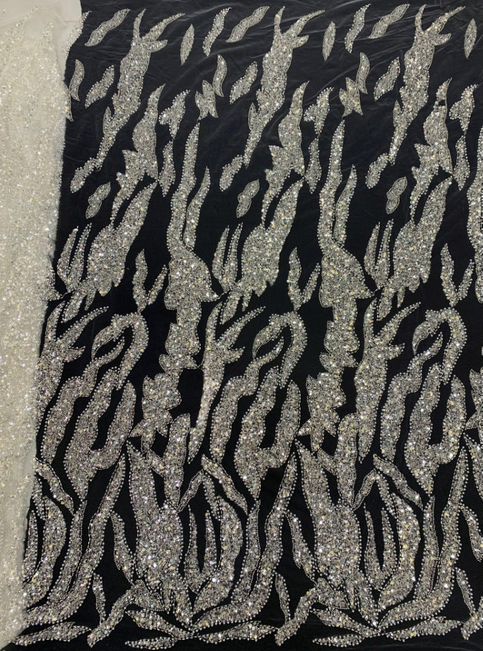 Heavy Diamond Grid 3/5 mm Crystal-Look Sequin & Triple-Bead Embroidered Bridal Fabric — fabric photo 4