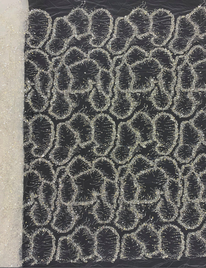 Geometric 3/5 mm Crystal-Look Sequin & Silver-Bead Embroidered Bridal Fabric — fabric photo 4