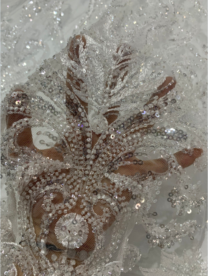 2/4 mm Crystal-Look Sequin & Double-Bead Embroidered Bridal Fabric – Design 94623 — fabric photo 3