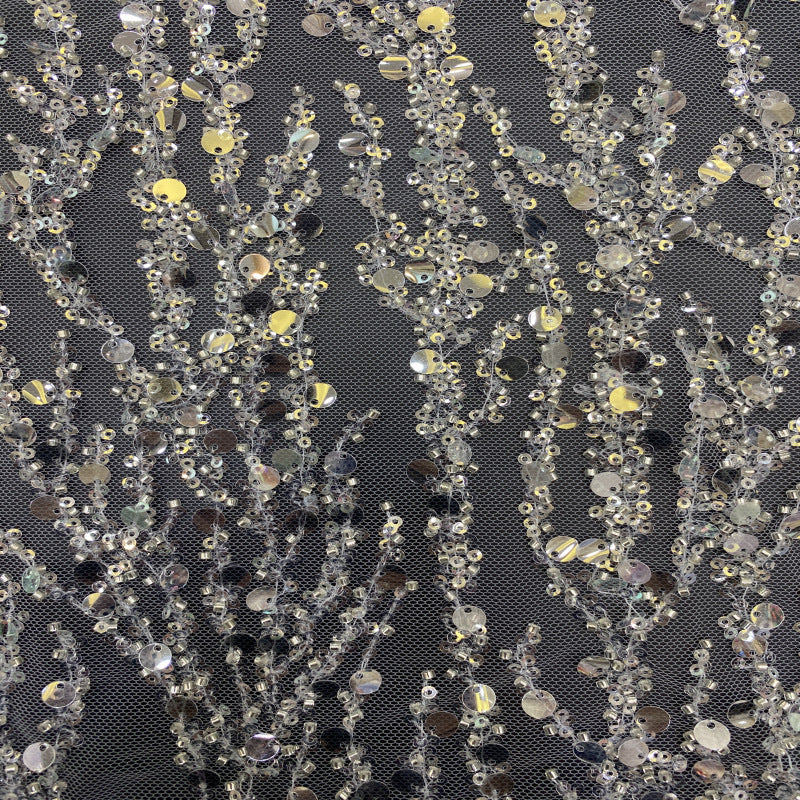 3/7 mm Sequin & Silver-Bead Embroidered Bridal Fabric – Design 46655 — fabric photo 3