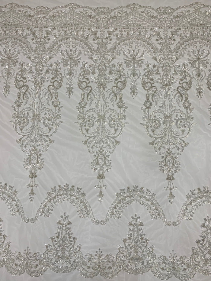 3 mm Crystal-Look Sequin & Silver-Bead Embroidered Bridal Fabric — fabric photo 2