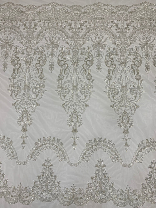3 mm Crystal-Look Sequin & Silver-Bead Embroidered Bridal Fabric — fabric photo 2