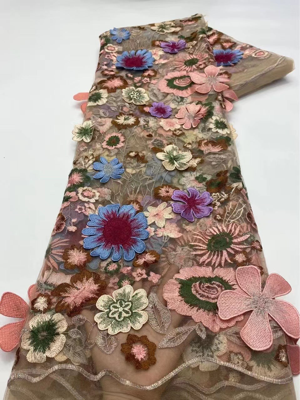 Multicolor 3D Floral Applique Embroidered Fabric
